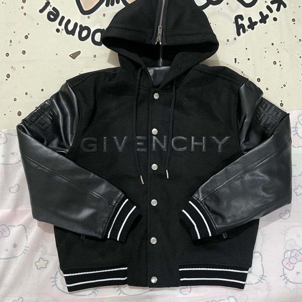 Givenchy Black Hooded Varsity Jacket with Leather Sleeves